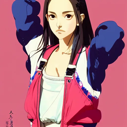 Image similar to a beautiful japanese natalie portman gravure model, wearing oversized native designer bomber jacket and leotard with overalls, bulky poofy bomber jacket with mesoamerican patterns, mesoamerican native street fashion, gapmoe yandere grimdark, trending on pixiv fanbox, painted by greg rutkowski makoto shinkai takashi takeuchi studio ghibli, akihiko yoshida