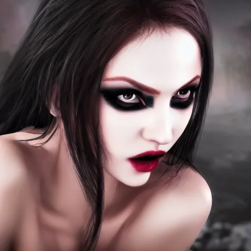 Prompt: beautiful vampire queen, eye contact ,highly detailed, 4k, HDR, smooth, sharp focus, hyper realistic, high resolution, award-winning photo