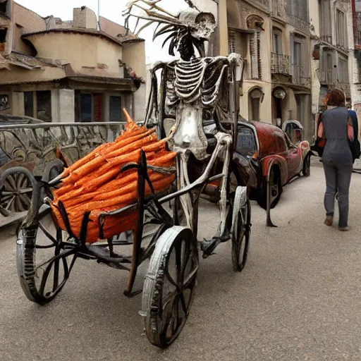 Prompt: The mixed mediart features a human figure driving a chariot. The figure is skeletal and frail, with a large head and eyes. The chariot is pulled by two animals, which are also skeletal and frail. carrot orange, in France by Enki Bilal opulent