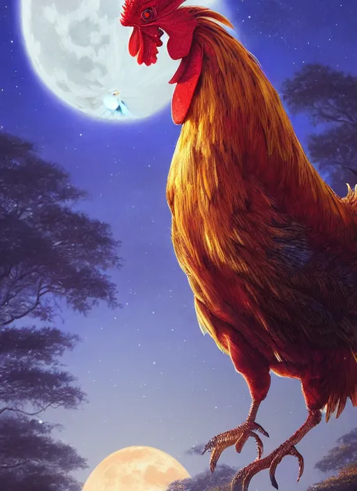 Image similar to close - up portrait of a beautiful anime rooster in front of the full big moon in a fantasy forest, by james gurney, max liebermann, greg rutkowski, highly detailed digital art, artstation