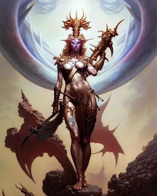 Prompt: goddess of war, beautiful fantasy character portrait, ultra realistic, wide angle, intricate details, highly detailed by peter mohrbacher, boris vallejo, hajime sorayama, wayne barlowe, aaron horkey, gaston bussiere, craig mullins