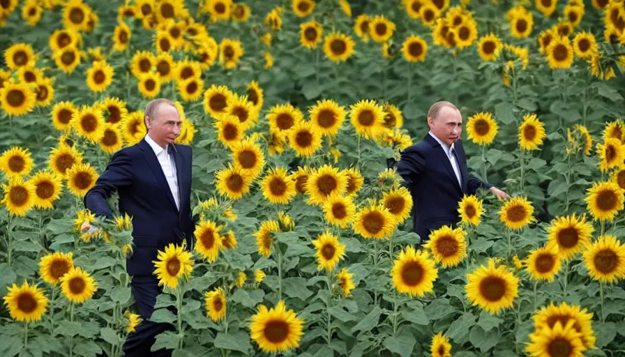 Prompt: Vladimir Putin frolicking in a field of sunflowers, ultrarealistic, 8k,