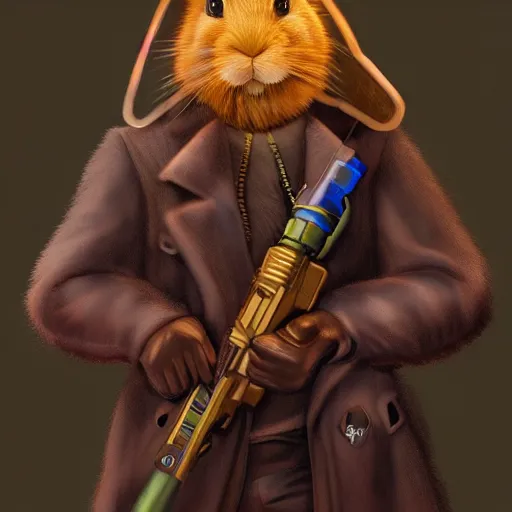 Image similar to portrait of rabbit with UV neon fur holding a machine gun , 8k, highly detailed, sharp, realistic, in style of Brom