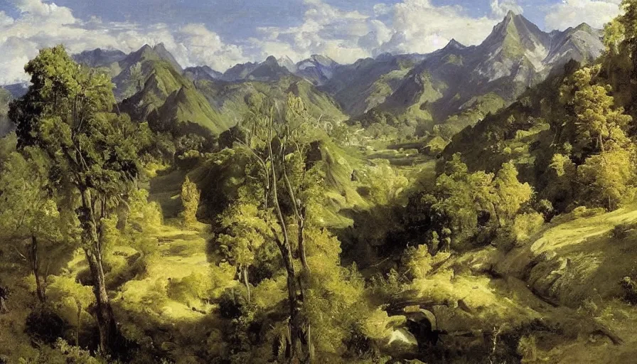 Prompt: a beautiful valley by eugene von guerard, ivan shishkin, john singer sargent