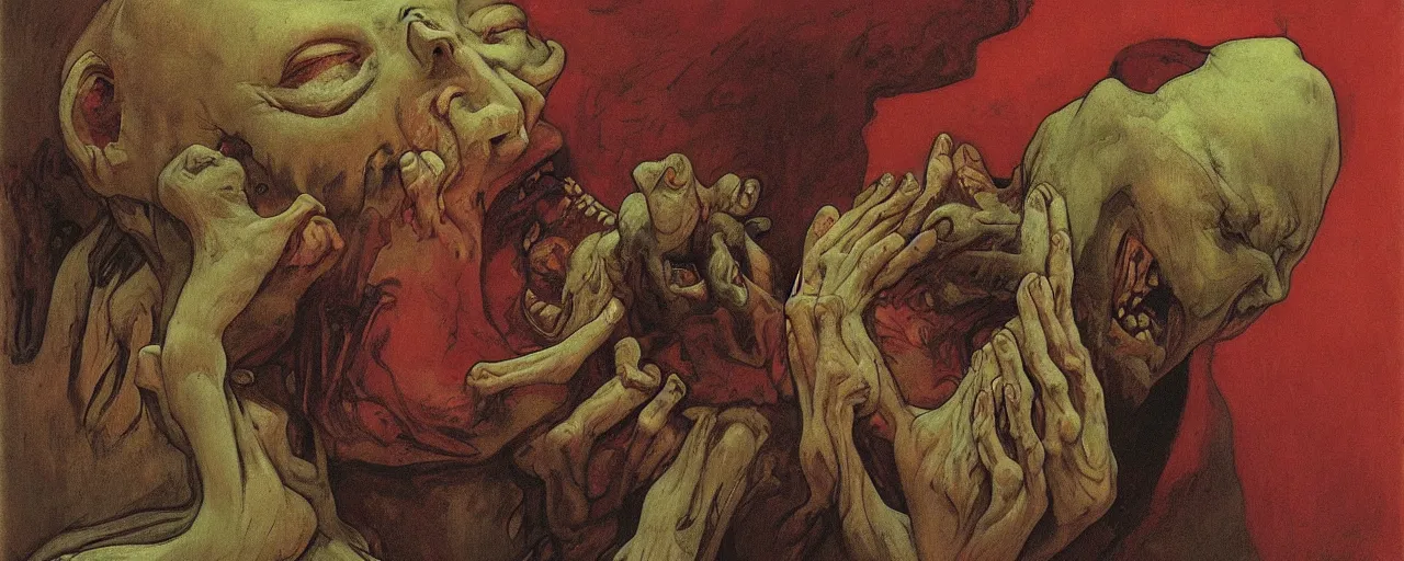 Image similar to vintage color footage contorted exaggerated melodramatic exorcism scared priest, wide open mouth in terror, crying figures inside mental hospital by zdzisław beksinski and alphonse mucha, ( ( ( ( ( ( ( makoto shinkai raphael lacoste martin deschambault finnian macmanus artstationhq iamag