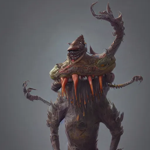 Image similar to full body concept, very fine art oil painting of a hideous anthropomorphic creature, with a very beautiful face wearing loose intricate clothing, ultra detailed, octane render, 4K, dystopi an , micro details