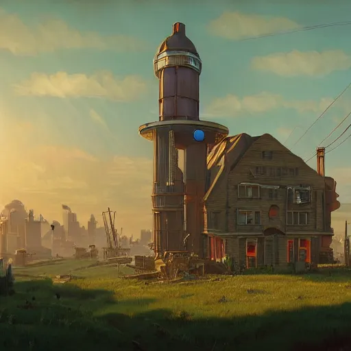 Image similar to some Steampunk buildings with the sun shining through the clouds in utopia by Simon Stålenhag and Greg Rutkowski,In style of Grant Wood.hyper detailed,8K Resolution,unreal engine 5,epic lighting,Ray Tracing,highly realistic