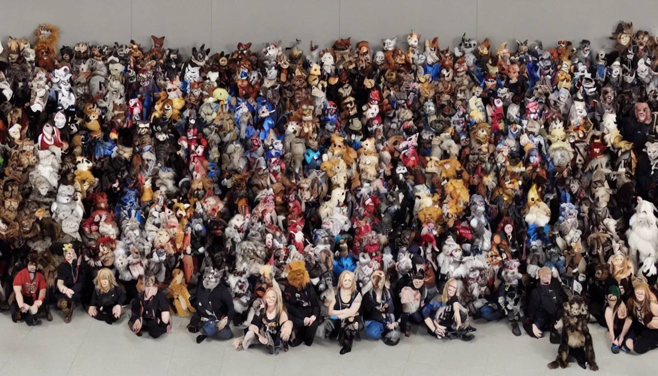 Prompt: Furry convention group photo, Mars Fur Con 2289.