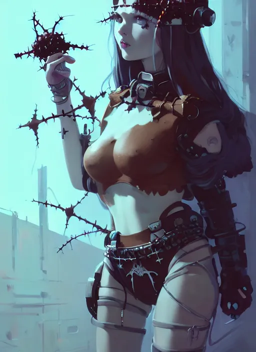 Image similar to portrait of cute goth maiden girl with crown of thorns in cyber bikini armor, warhammer, cyberpunk, by atey ghailan, by greg rutkowski, by greg tocchini, by james gilleard, by joe fenton, by kaethe butcher, dynamic lighting, gradient light blue, brown, blonde cream and white color in scheme, grunge aesthetic