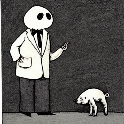 Image similar to a pig in a tuxedo, illustration by Edward Gorey