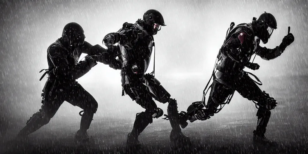 Image similar to 2 warriors in de exoskeletons battling each other in heavy rain, ground fog, moody lighting, 8 k, lightning, shallow depth of field, cinematic lighting,