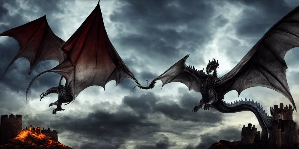 Prompt: A huge dragon flying over a medieval castle, fire, dark fantasy, stormy sky, volumetric lightning, digital art