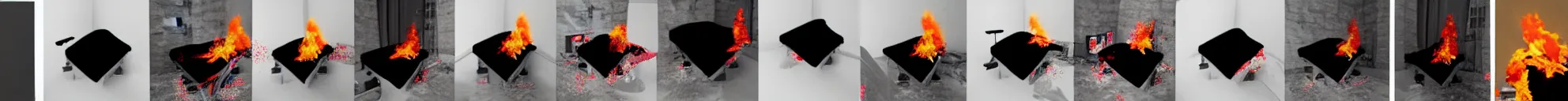 Image similar to 8 consistent progressing frames from a video of a couch on fire at night