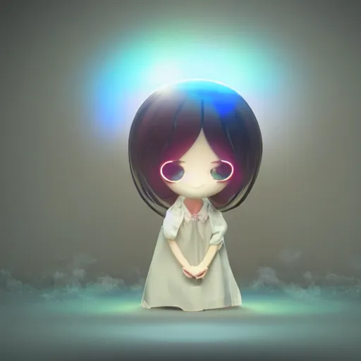 Image similar to cute fumo plush girl gazing into a crystal ball swirling with strange energy, smoke and volumetric fog, lens flare glow, chibi, vray