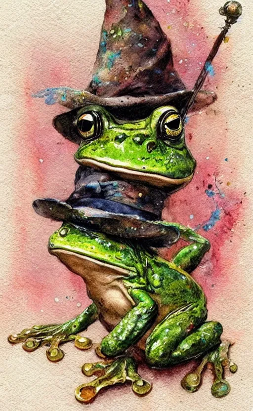 Prompt: detailed frog with a wizard hat by Jean-Baptiste Monge and frank frazetta , post processing, painterly, book illustration watercolor granular splatter dripping paper texture, ink outlines, painterly, trending on artstation, trending on pinterest childrens art