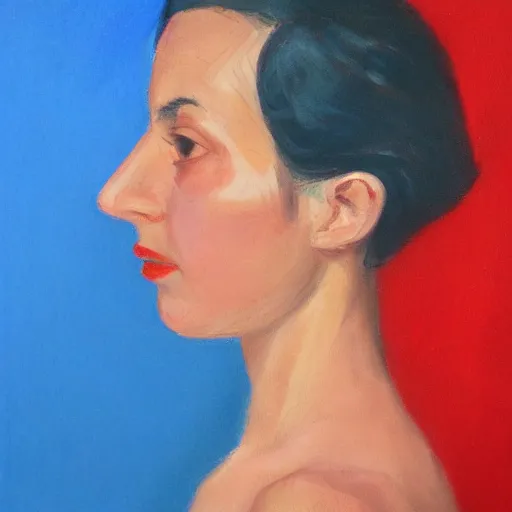 Prompt: profile portrait in peruvian realist style ( 1 9 5 4 ), cerulean blue, cadmium red, zinc white, overhead lighting, detailed, expressive, shadows