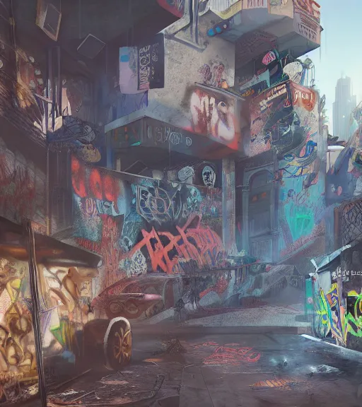 Image similar to a cupule full of graffitis, trending on artstation, behance, octane render, award winning, archviz, matte painting, sunrays, ethereal, masterpiece, epic