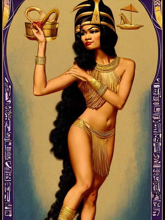 Prompt: zendaya as isis the Egyptian goddess, a beautiful art nouveau portrait by Gil elvgren, Nile river environment, centered composition, defined features, golden ratio, golden jewelry