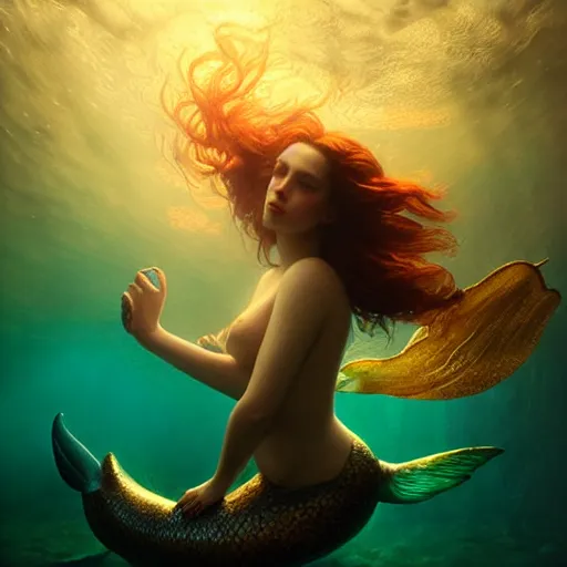 Prompt: playful beautiful captivating mermaid portrait, mysterious atmospheric lighting, painted, intricate, volumetric lighting, beautiful, rich deep colours masterpiece, golden hour, photoreal, sharp focus, ultra detailed, by leesha hannigan, ross tran, thierry doizon, kai carpenter, ignacio fernandez rios