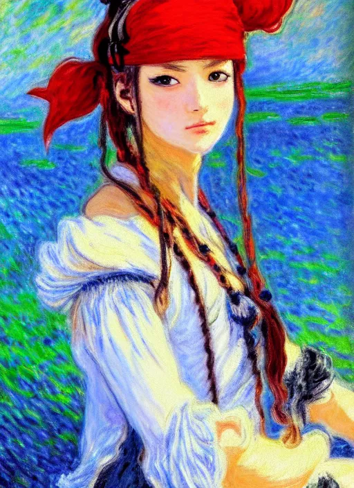 Prompt: a portrait of a female pirate, very anime in impressionist style, trending artwork, 4 k, anime painter studio, by claude monet