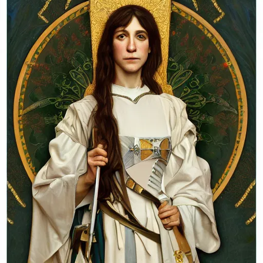 Image similar to portrait of charlotte gainsbourg as joan of arc, hyperreal digital painting, iconography influenced by alphonse mucha and eugene delacroix, arstation and deviantart trends, high resolution 8 k