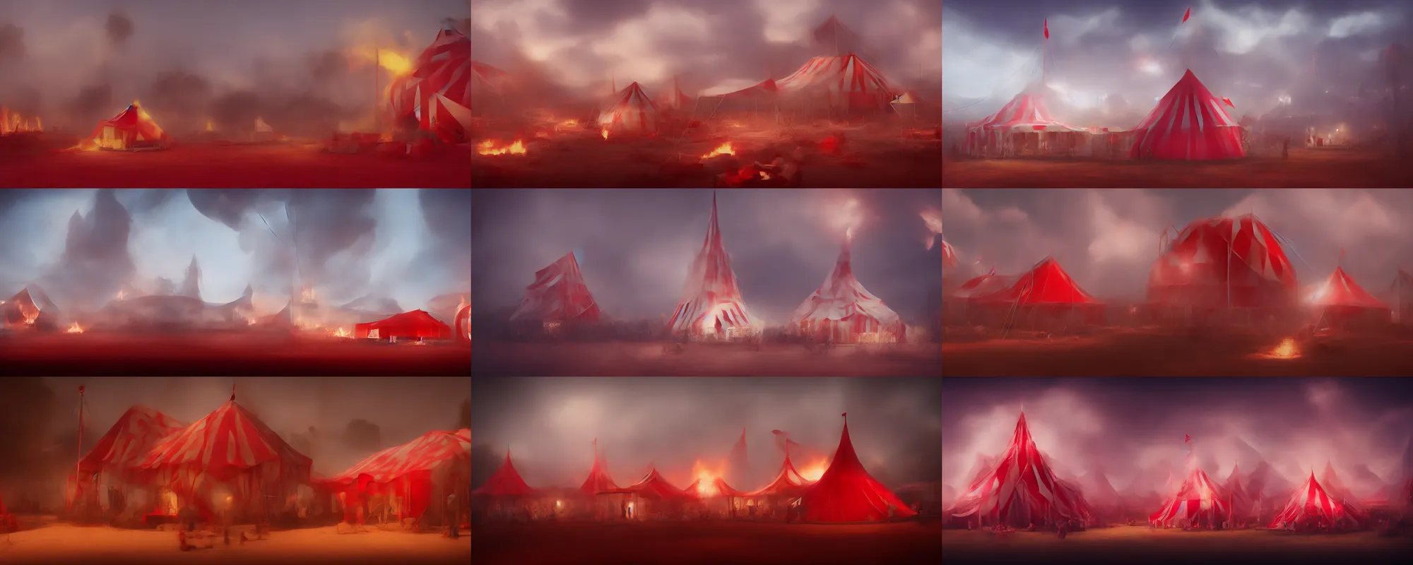 Prompt: red and white circus tent on fire, wide angle, matte painting, concept art, cgsociety, octane render, trending on artstation, artstationHD, artstationHQ, unreal engine, 4k, 8k