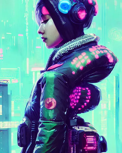 Image similar to detailed full body side profile portrait Neon Operator Girl, cyberpunk futuristic neon, reflective puffy coat, decorated with traditional Japanese ornaments by Ismail inceoglu dragan bibin hans thoma greg rutkowski Alexandros Pyromallis Nekro Rene Maritte Illustrated, Perfect face, fine details, realistic shaded, fine-face, pretty face