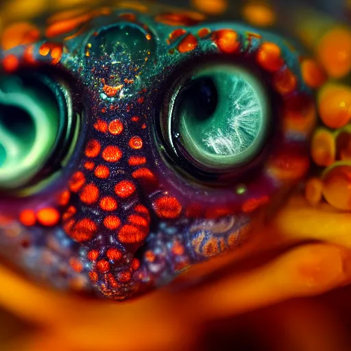 Image similar to fiery whimsical emotional eyes cephalopod, in a photorealistic macro photograph with shallow dof