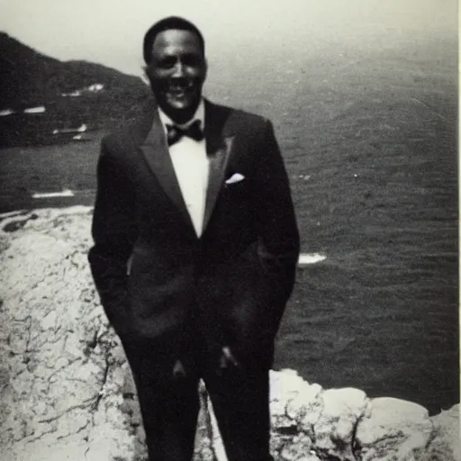 Prompt: vintage photo of a black man wearing a black suit in front of rio de janeiro