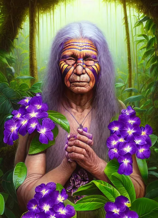 Prompt: a beautiful portrait of a benevolent and noble indigenous old woman healer with white long hair in the amazon jungle surrounded by purple flowers of brunfelsia grandiflora, purple face paintings, matte painting, by christophe vacher