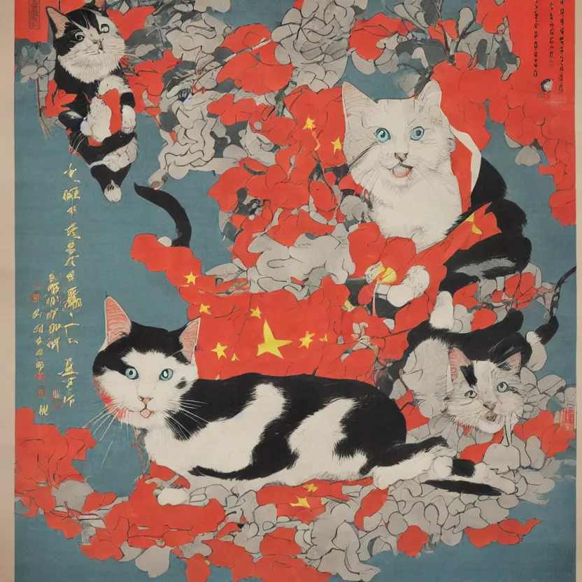 Image similar to chinese propaganda poster with a cartoon cat as the centerpiece