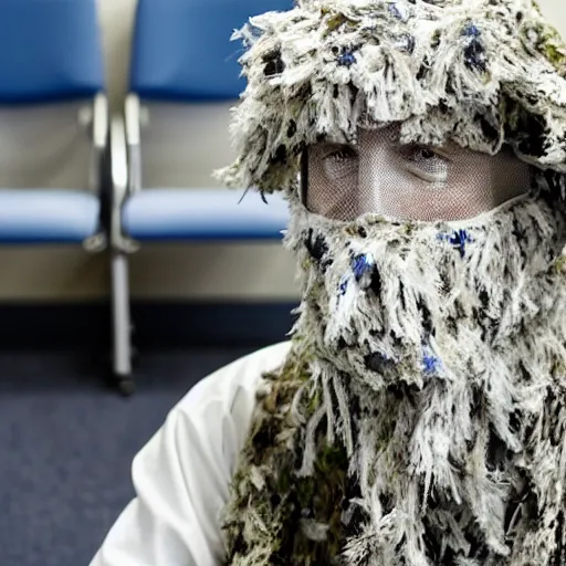 Prompt: a man wearing a white ghillie suit, sitting in a waiting room, film still, white and blue color scheme