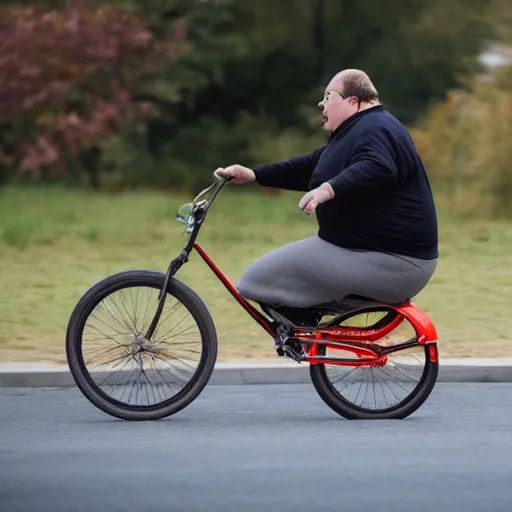 Prompt: 5 0 0 pound man riding a tiny bike, dslr photo,