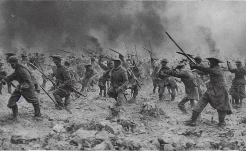 Prompt: 1917 black and white picture of world war one soldiers fighting against giants,