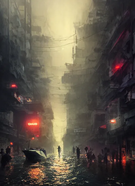 Image similar to dramatic Photorealistic, Matte Painting of a tug boat with bright head lights exploring a busy post apocalyptic deep flooded Hong Kong city street at night,dark Tall buildings by Greg Rutkowski,Craig Mullins,Hyperrealism,Beautiful dramatic moody lighting,Cinematic Atmosphere,volumetric,Octane Rendering,8K