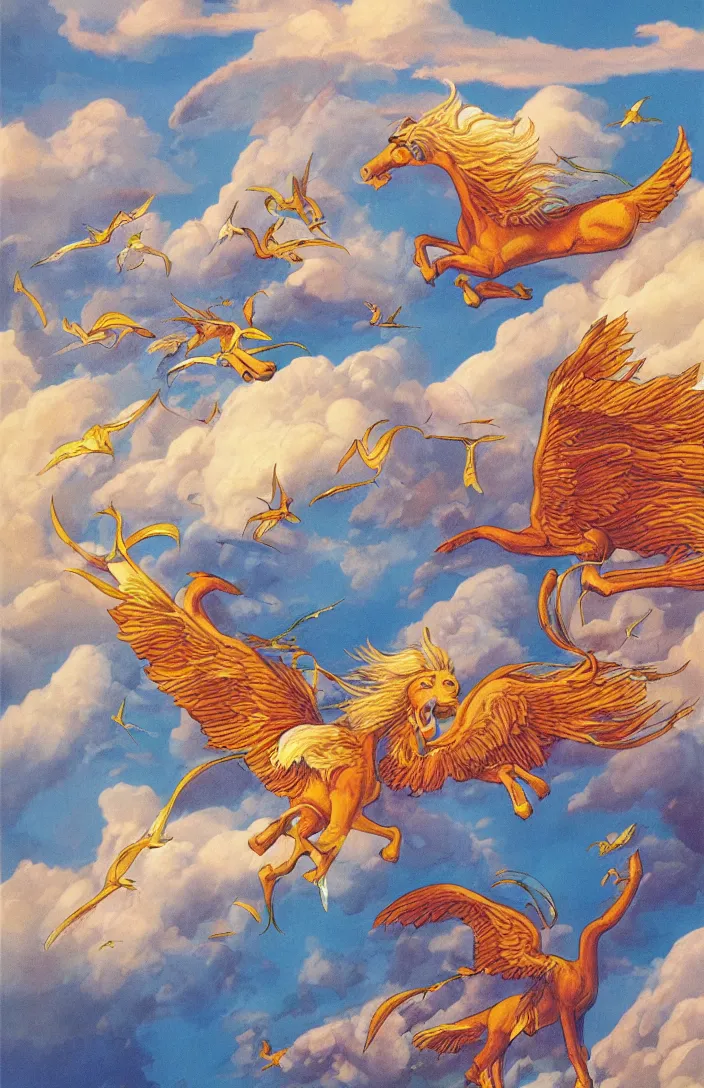 Prompt: a pegasus soaring through the clouds to another kingdom, detailed, childrens book illustration, colorful, by sven nordqvist