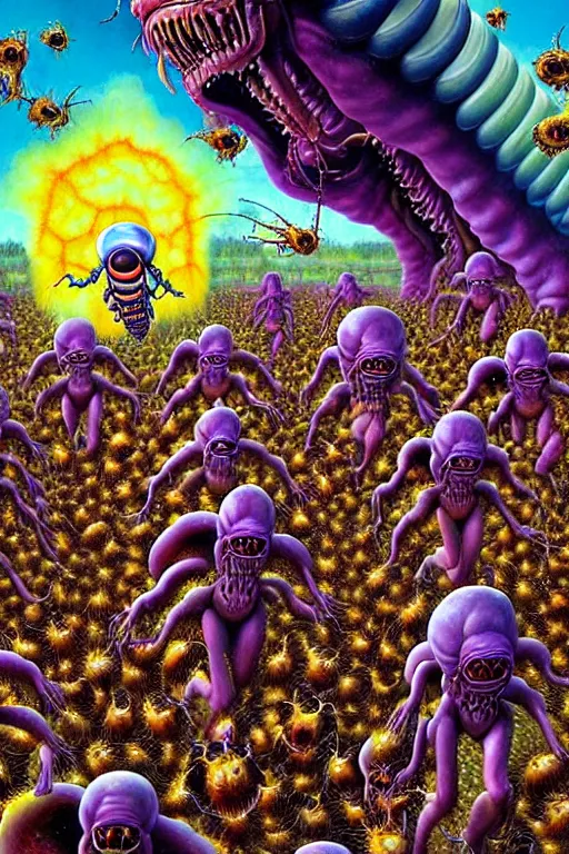 Image similar to a hyperrealistic painting of an epic boss fight against a swarm of alien hornets on a sunny day at the park, cinematic horror by chris cunningham, lisa frank, richard corben, highly detailed, vivid color,