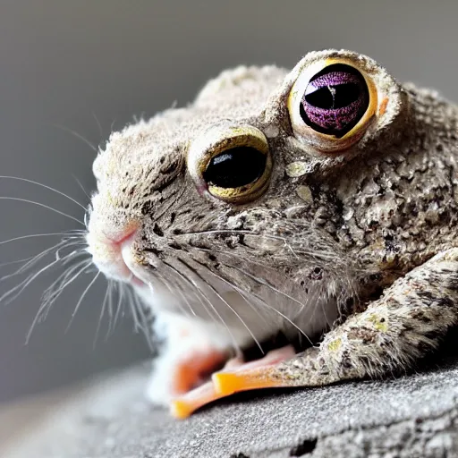 Image similar to photo of hybrid between an angora rabbit and a frog toad