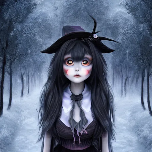 Image similar to focus face portrait of beautiful darkness witch 3D anime girl, dark forest background, snowing, bokeh, inspired by Tim Burton, digital painting, high contrast, unreal engine render, volumetric lighting, high détail