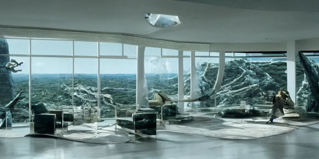 Image similar to a luxury apartment with large windows, 1 9 8 0 s science fiction, windows overlooking a salt crystal jungle landscape, sci - fi film still, screenshot from a science fiction movie, ridley scott,