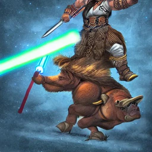 Prompt: mongolian dnd barbarian riding a boar with a lightsaber