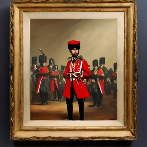 Image similar to a British redcoat soldiers stands before the high council of wizards, fantasy, concept art, oil on canvas,