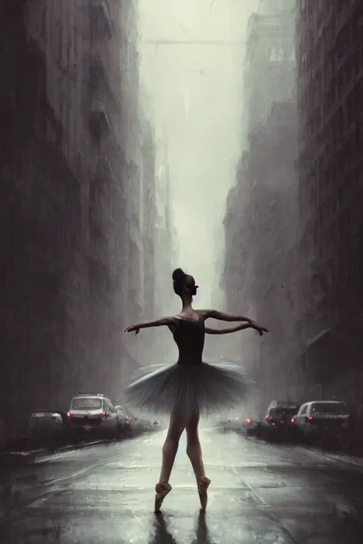 Prompt: a ballerina dancing in the empty streets of New York , beautiful woman, digital art, by Greg Rutkowski, volumetrics, dark realism, 4k, trending on artstation