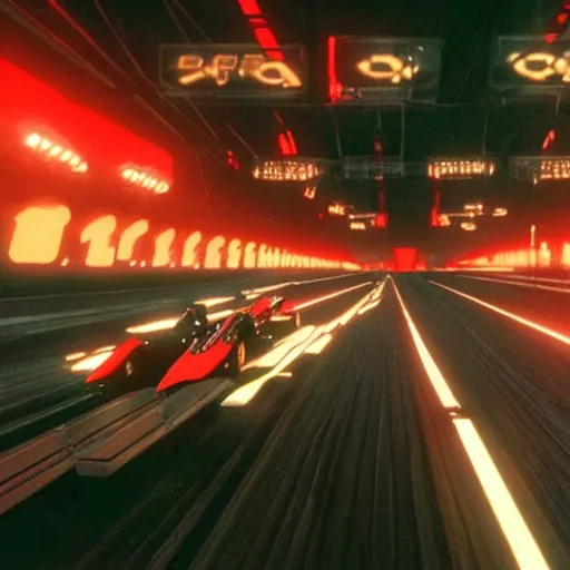 Image similar to Still of F-Zero race track with dozens of racing crafts, in the movie Blade Runner, cinematic lighting, 4k