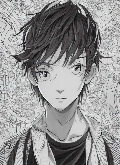 Image similar to closeup portrait of optimistic anime boy, an ultrafine detailed illustration by james jean, intricate linework, bright colors, final fantasy, behance contest winner, vanitas, angular, altermodern, unreal engine 5 highly rendered, global illumination, radiant light, detailed and intricate environment