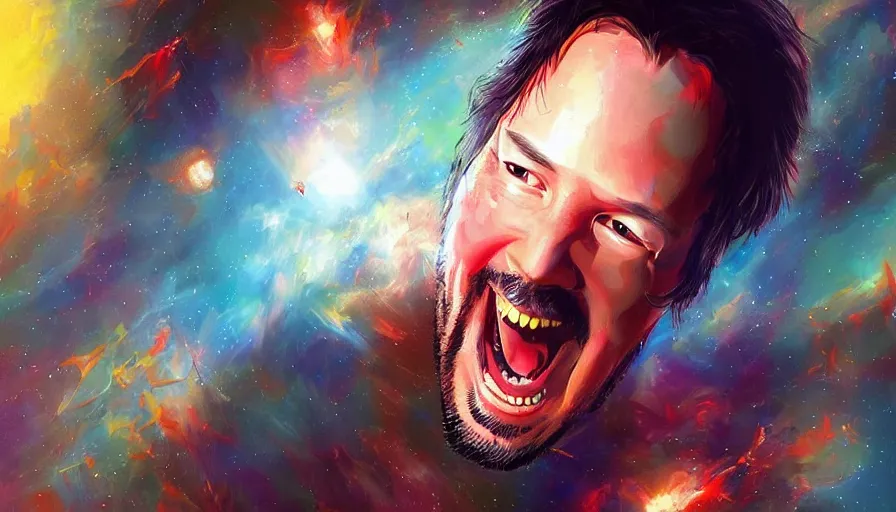 Prompt: a terrified looking Keanu reeves floating in space with a big smile, digital art, artstation, artgem