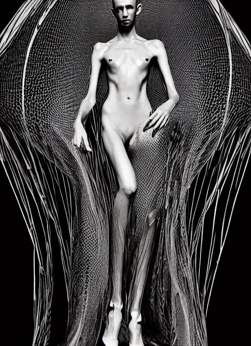 Prompt: walking down the catwalk, steven klein, mert alas and marcus piggott, show, stage, vogue photo, podium, fashion show photo, iris van herpen, beautiful woman, full body shot, alien, masterpiece, inflateble shapes, plant predator, guyver, jellyfish, wires, veins, biomechanical details