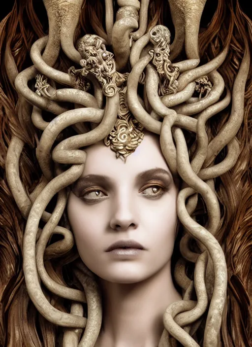 Prompt: a portrait of medusa, goddess by candy makeup, photorealistic, intricate details, hyper realistic, fantasy, elegant, baroque, horn, ram skull headpiece, photorealistic, photography, symmetrical features, symmetrical pose, wide angle shot, feet on the ground, wearable art, unreal engine