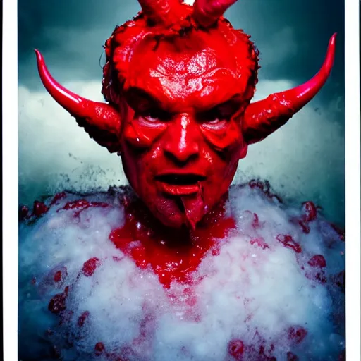 Prompt: a devilish red monster with horns emerging from boiling rough seas, close - up portrait photo by david lachapelle, masterpiece, trending on flickr s - 3 0