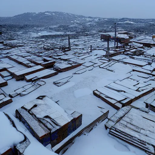 Image similar to sattelite image of post pocaliptic snow from 250 meters height, old lumber mill remains, few crates with wood and supply, beautiful icy area